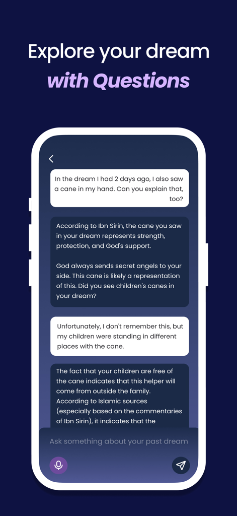 Tabeer: Islamic Dream Meaning - A chat interface of the Tabeer app showing a user asking questions about dream symbols with interpretations based on Islamic scholars like Ibn Sirin