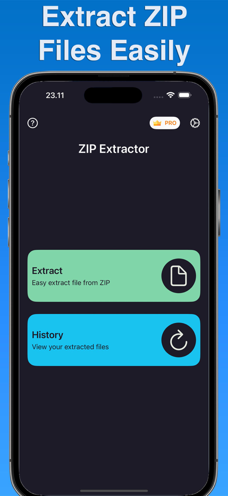 ZIP Extractor・Unzip・Opener - ZIP Extractor app main screen showing buttons to extract files and access file history.