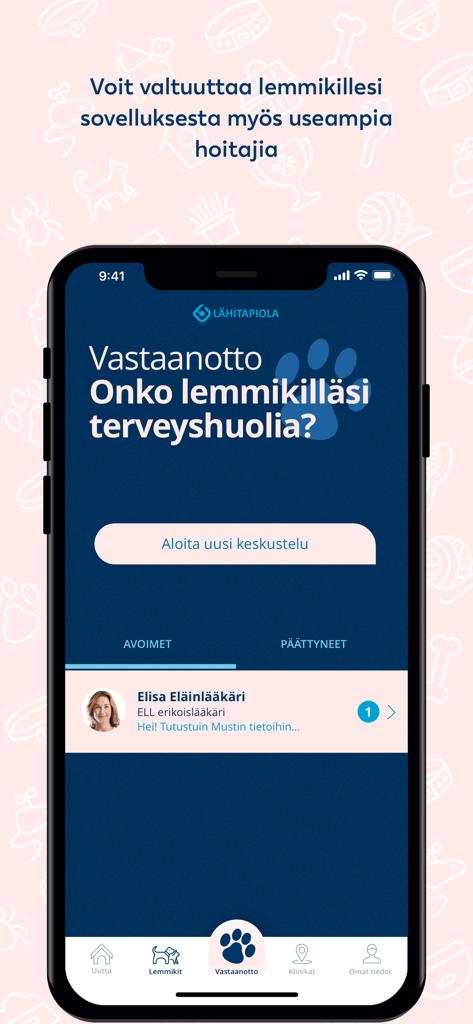 LemmikkiHelppi mobile app screen for pet health consultations and vet chat