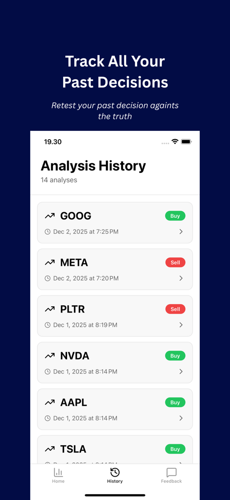 Una interfaz móvil que muestra una lista de resultados de análisis de acciones pasados con calificaciones de compra y venta para las principales empresas tecnológicas.