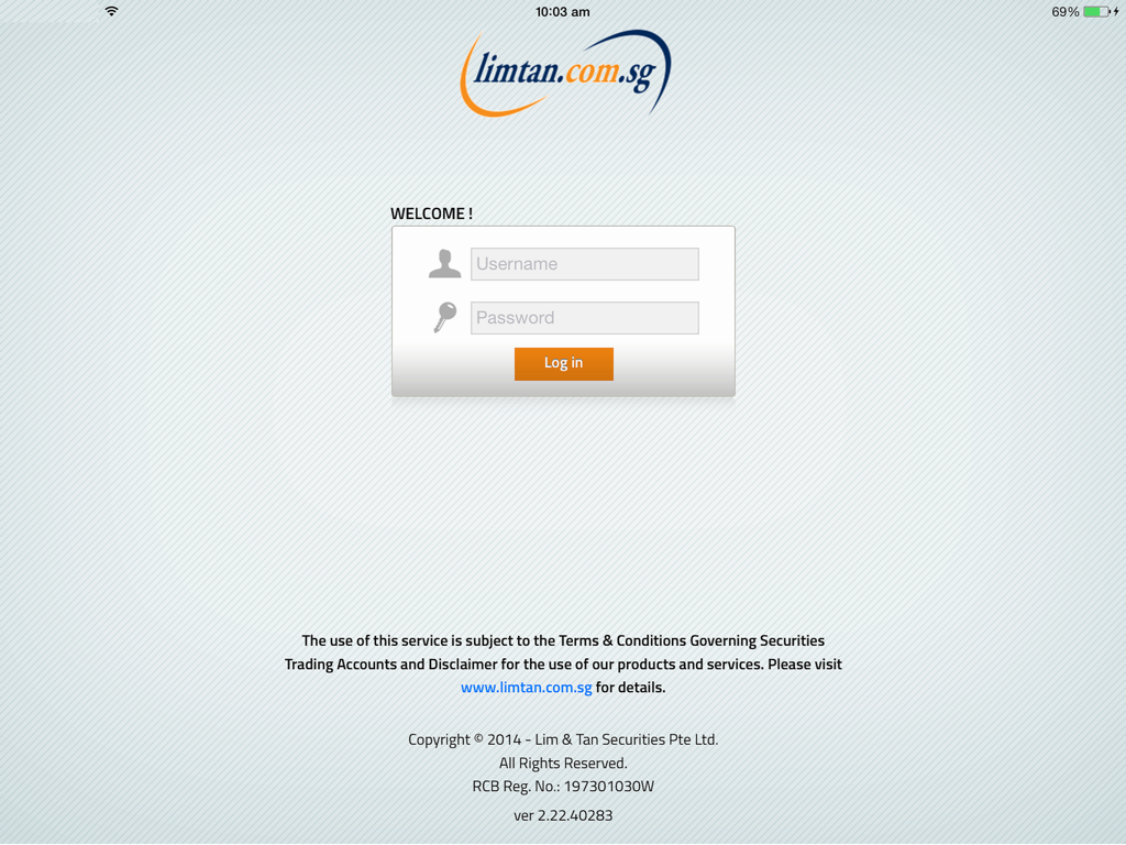LimTan(TR) - Écran de connexion de l'application iPad LimTan Trading Representative avec des champs de saisie pour le nom d'utilisateur et le mot de passe.