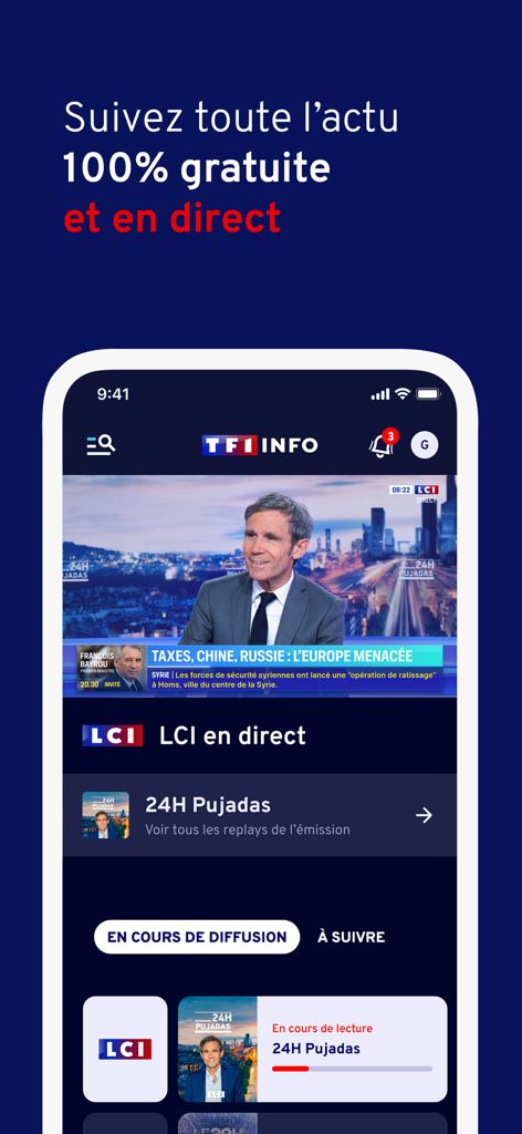 Interface de l'application mobile TF1 INFO affichant les actualités en direct de LCI et les replays d'émissions.