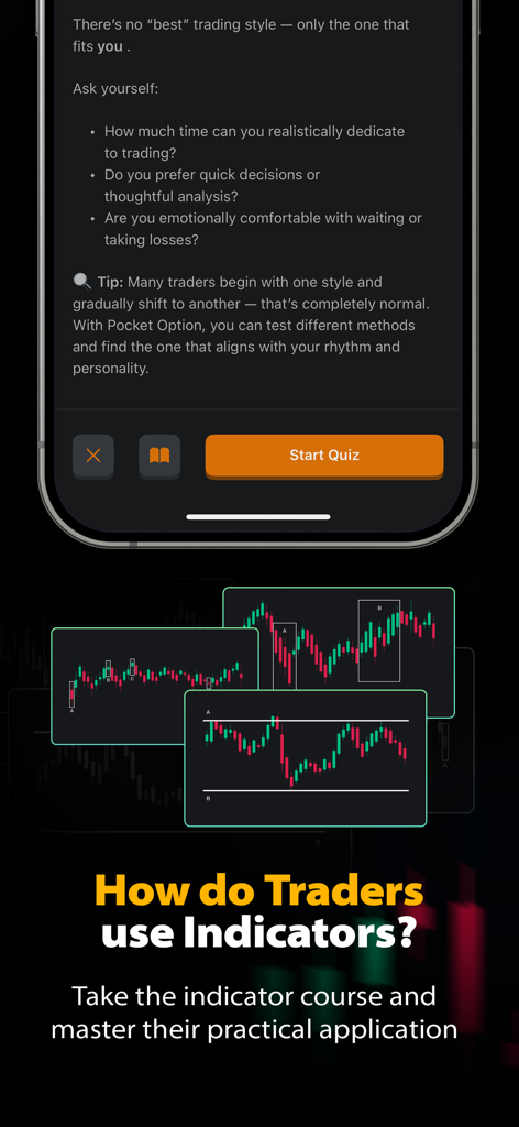 Forex Trading Guide - 모바일 앱 화면에 거래 스타일 퀴즈와 캔들스틱 차트가 포함된 기술 지표에 대한 수업이 표시됨