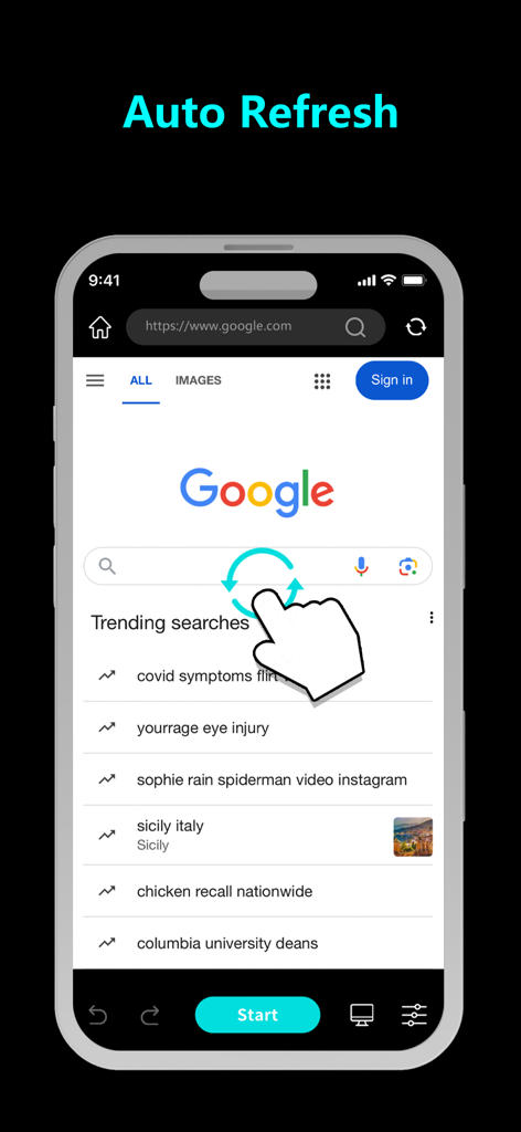OC Auto Clicker: Auto Tapper - OC Auto Clicker mobile app interface showing the auto refresh function on a Google search page