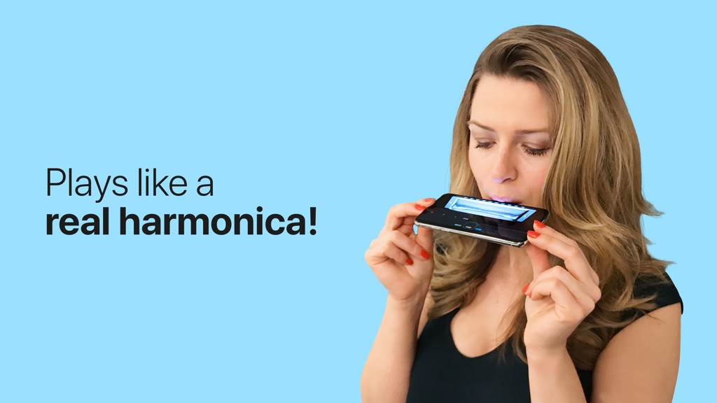 Harmonica - A woman playing a digital harmonica by holding her smartphone to her lips