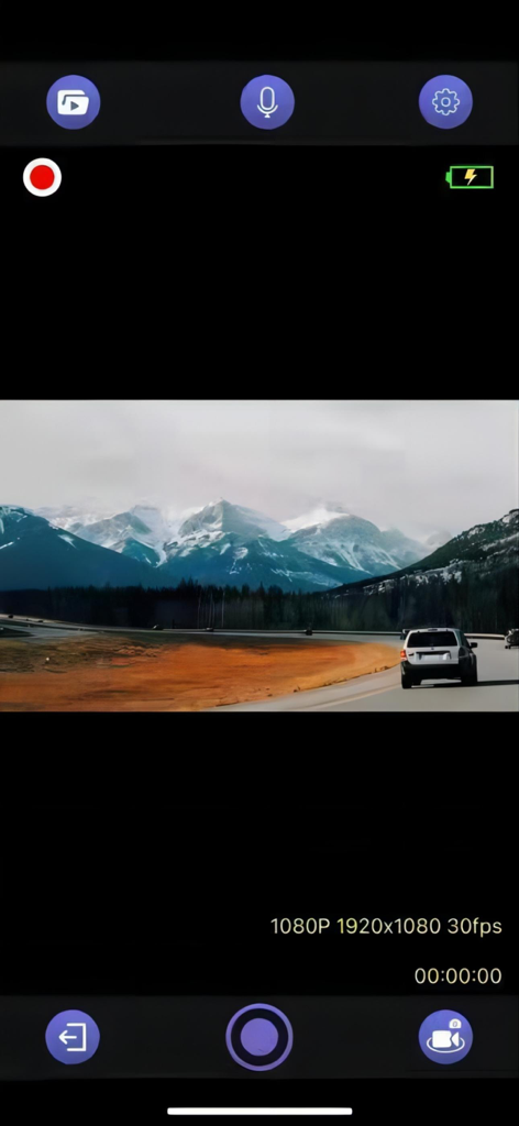 GoPlus CamPro - Live dashcam video preview in GoPlus CamPro app showing a car driving past snowy mountains