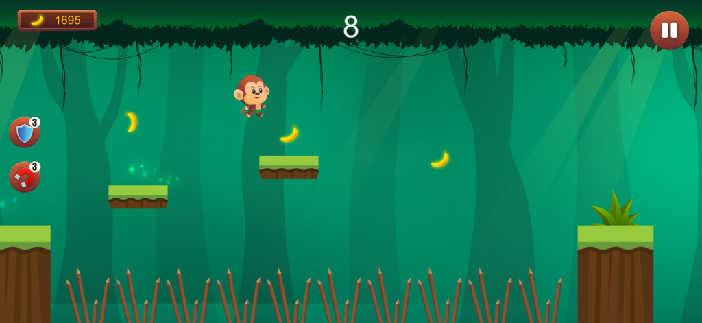 A cute monkey jumping over wooden platforms and spikes in a tropical jungle game