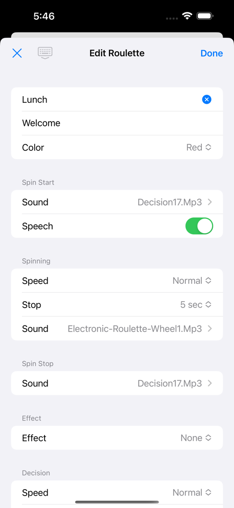 Roulette - Decision Roulette - Customization menu in the Decision Roulette app showing options for sound effects rotation speed and spin duration.