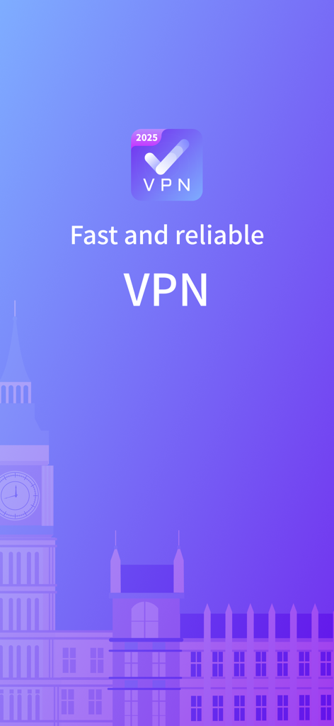 VPN FIy - 빠르고 안정적인 VPN 텍스트와 런던 실루엣이 있는 VPN Fly 앱 시작 화면