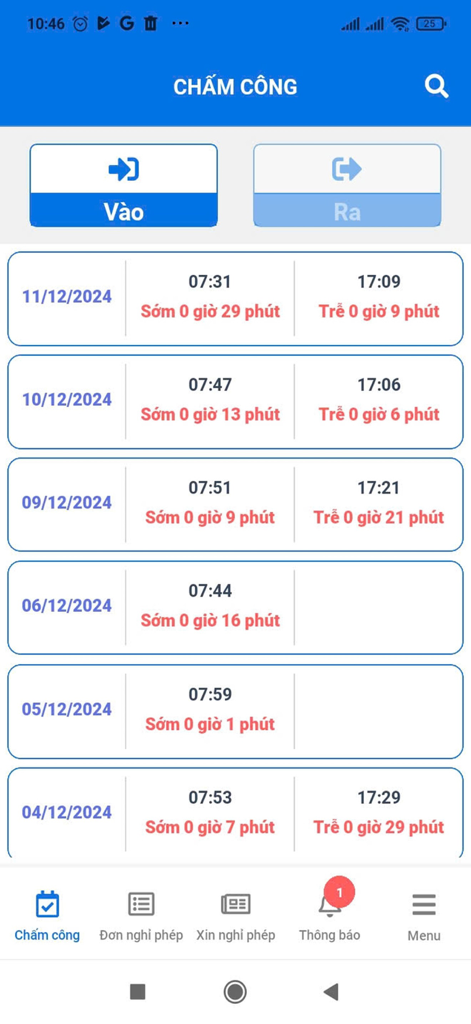 Hệ thống Chấm công - Attendance log screen showing daily check-in and check-out times in Vietnamese