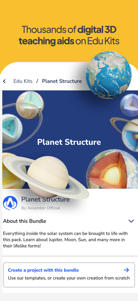Assemblr EDU interface showcasing 3D planet structure teaching aids for K-12 science education