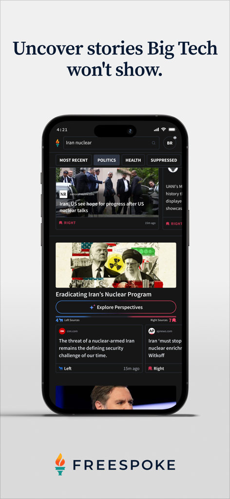 Freespoke - Search & Discovery - Freespoke search app interface highlighting non mainstream news stories and political bias labels