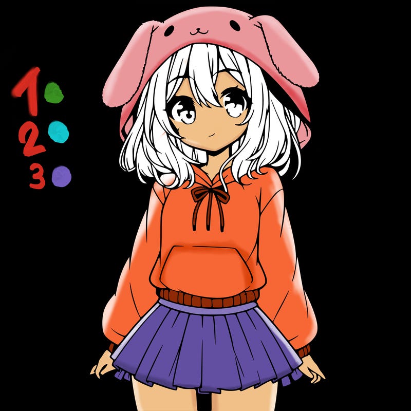 pretty anime girl wearing a fluffy hoodie with bunny ears on the hood and a skirt