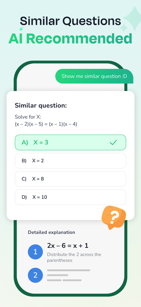 AI Math Solver App - SolveMate - AI Math Solver App showing AI recommended similar questions and detailed step by step explanations for algebra problems.