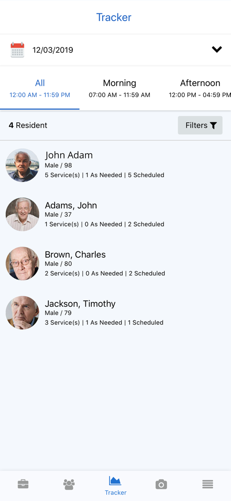 List of residents and their scheduled services on the iCareManager tracker screen