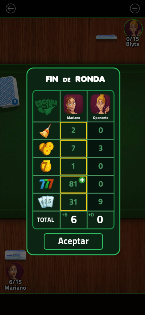 A summary screen in the Escoba Blyts app showing points for two players after a round