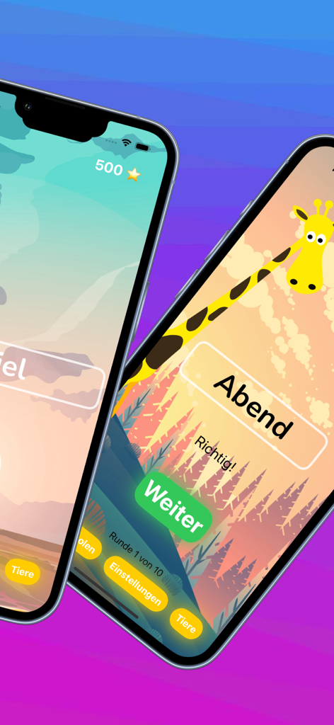 Blitzlesen: Das Original - Deux iPhones affichant l'interface de l'application éducative Blitzlesen avec une mascotte girafe et des exercices de lecture en allemand