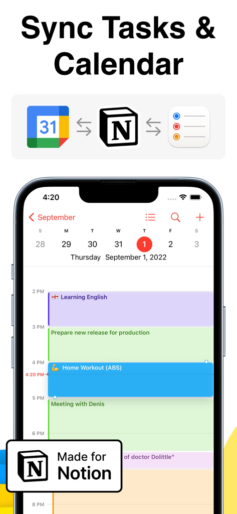 To-Do List & Tasks for Notion - Interfaz de la aplicación Lista de Tareas y Recordatorios para Notion que muestra la sincronización del calendario.