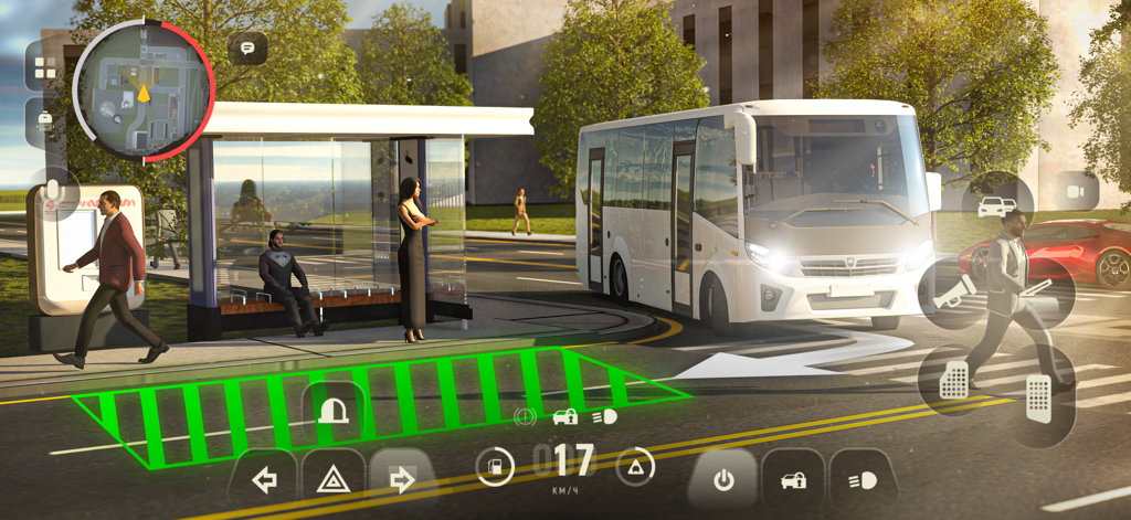 Grand Mobile: RP Open World - Vista dentro del juego de Grand Mobile que muestra una escena de calle de la ciudad con un autobús y personajes en una parada