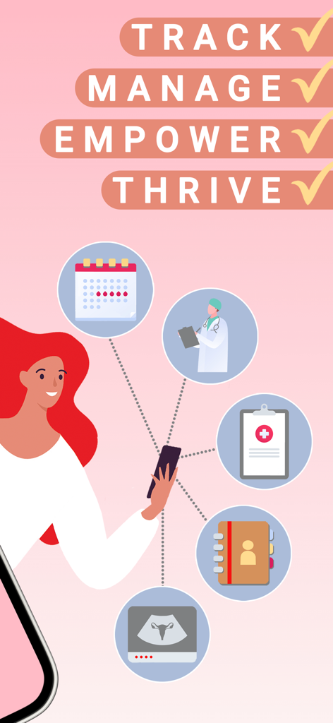 ENdi: Endometriosis Management - Illustration of a woman using the ENdi app to track and manage endometriosis symptoms with various medical icons