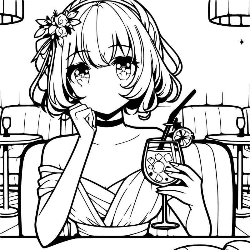 elegant anime girl at restaurant holding drink