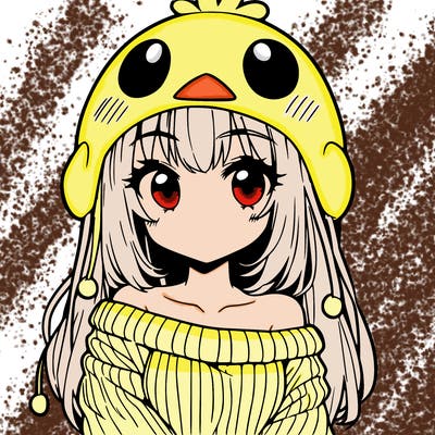 anime girl with chick shaped hat with sweater with bare shoulders with bangs covering them one eye with low tail