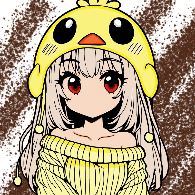 anime girl with chick shaped hat with sweater with bare shoulders with bangs covering them one eye with low tail