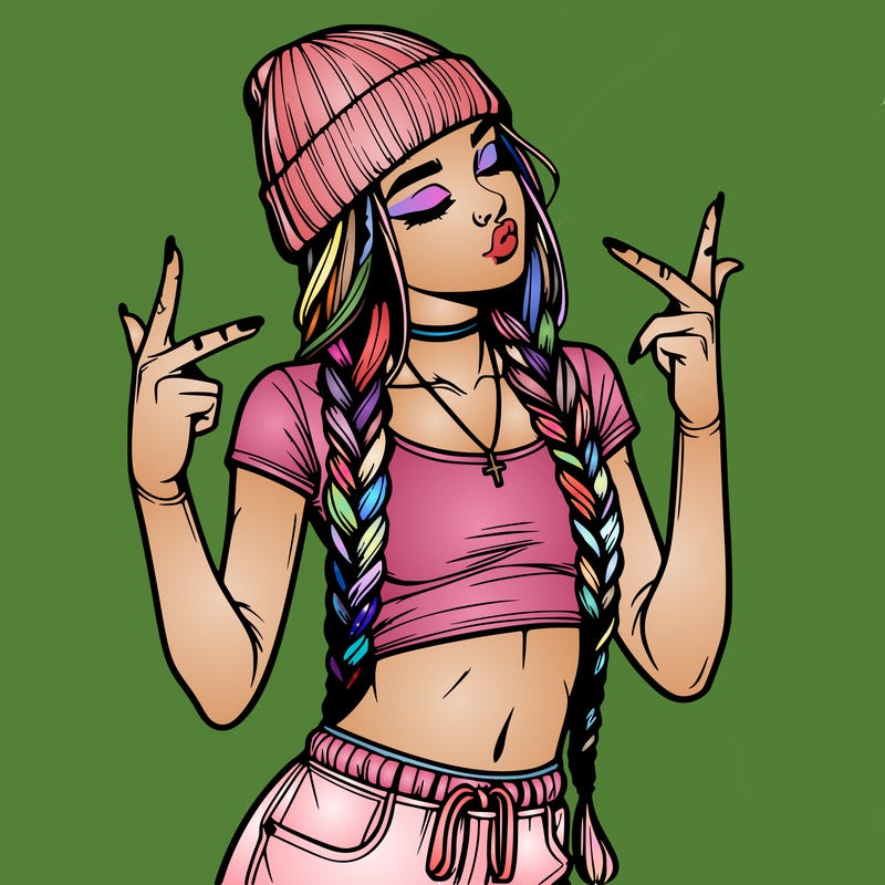 realistic teenage girl with braids and a beanie and crop top doing 🫶🏼