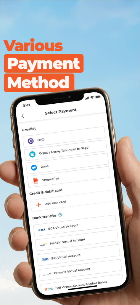 HappyFresh - Grocery Delivery - HappyFresh mobile app payment screen listing various options including e-wallets and bank transfers.