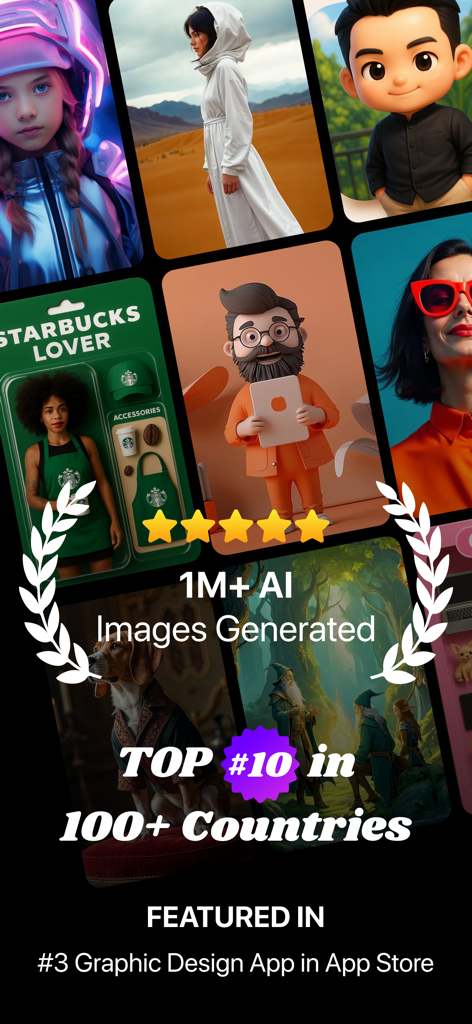 AI Figurine：AI Image Generator - AIフィギュアアプリのプロモーション画面。ストアランキング上位と様々なAI生成キャラクターのスタイルを表示。