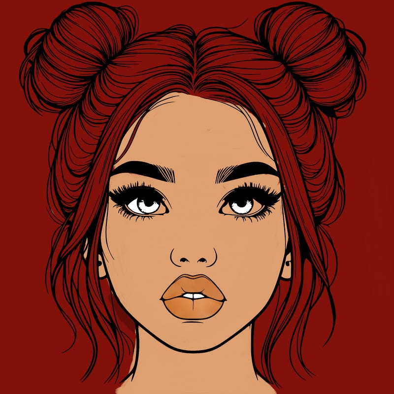 realistic girl with two buns on her hair and lips