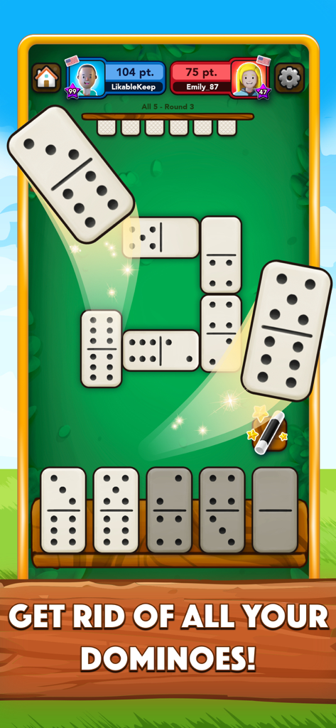 Dominoes Game - Domino Online - In-game screenshot of Dominoes Online showing tiles being played on a green table with player scores at the top.