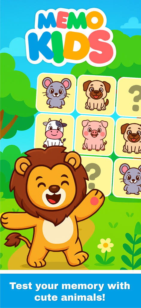MemoKids memory game for toddlers featuring cute cartoon animals and a friendly lion mascot