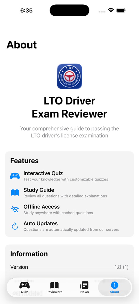 LTO Driver's Exam Reviewer - Página Sobre do aplicativo LTO Driver's Exam Reviewer exibindo recursos como quizzes interativos e guias de estudo