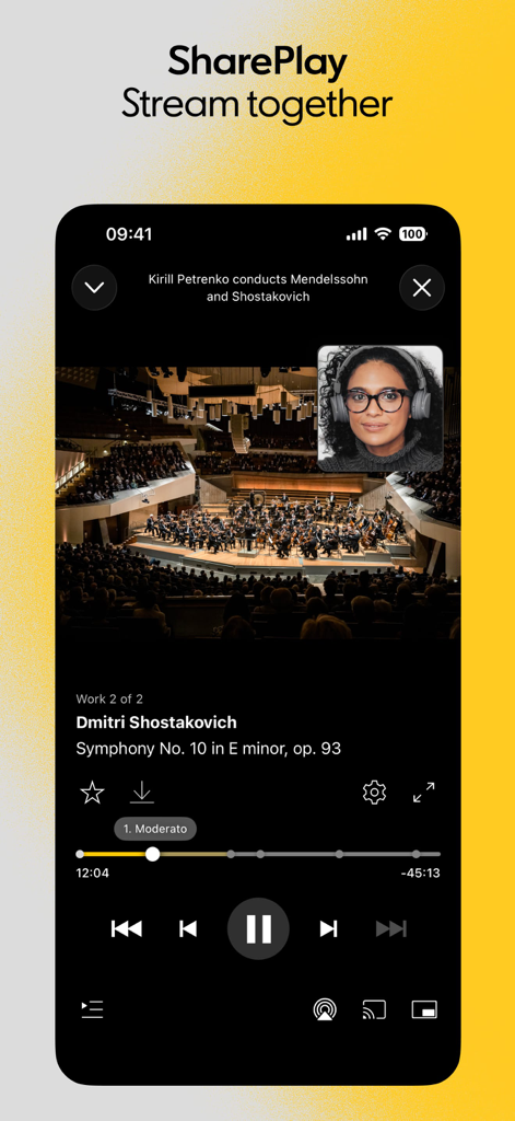 Berliner Philharmoniker - Benutzeroberfläche der Digitalen Konzerthalle App, die die SharePlay-Funktion zum gemeinsamen Streamen von Orchesteraufführungen zeigt