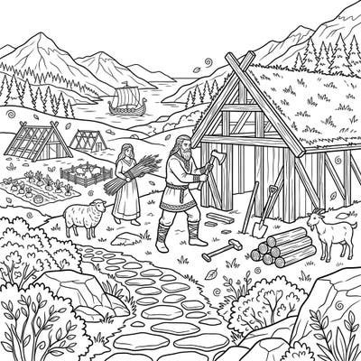 Step into the world of ancient Norse pioneers with this captivating Viking Settler full scene coloring page. Explore a busy settlement as Vikings build their new home amidst a stunning natural landscape, offering a rich and educational coloring experience.