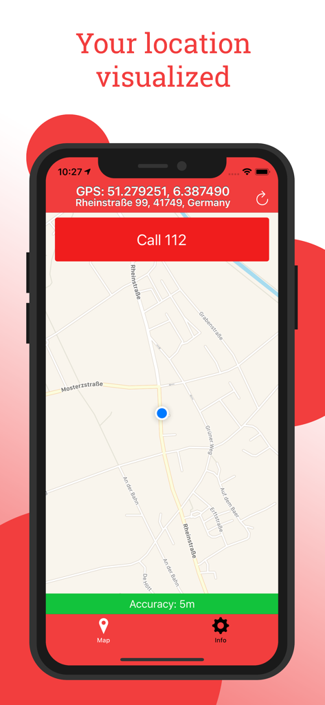 112 App - 112 App interface showing current GPS coordinates address and emergency call button on a map