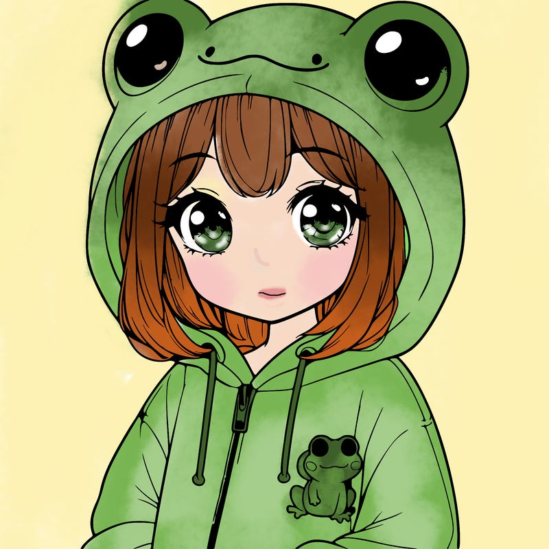 cute realistic girl in a froggy hoodie