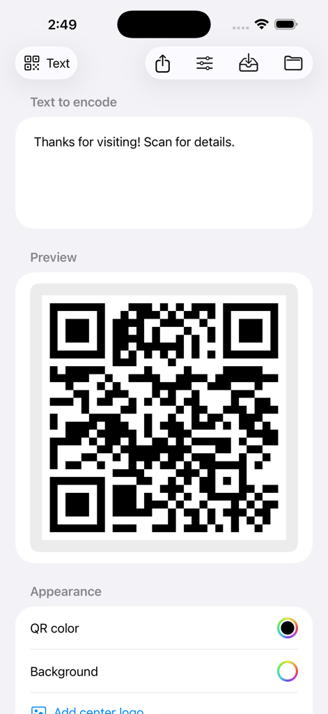 Quicker QR Code Generator - Quicker QRコードジェネレーターのインターフェースに、テキストエンコーディングフィールドと、ライブQRコードプレビューおよび外観設定が表示されています。