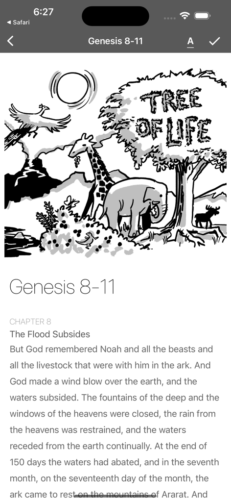 Una ilustración minimalista en blanco y negro de animales bajo un árbol etiquetado como Árbol de la Vida, sobre el texto de Génesis capítulo 8 en la aplicación Read Scripture.