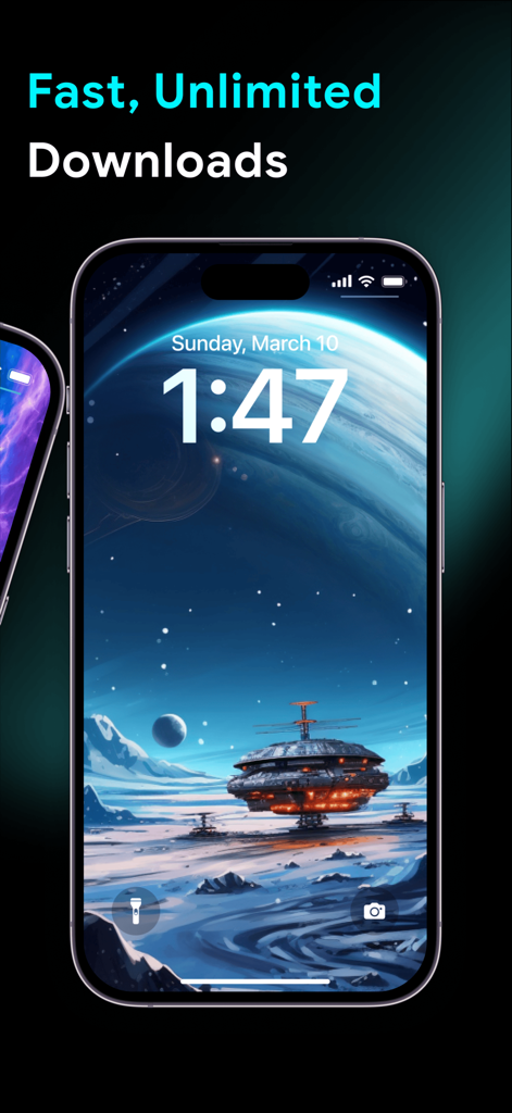 4K Wallpapers: HD Backgrounds - Un iPhone mostrando un fondo de pantalla de ciencia ficción del espacio de alta resolución con el texto Descargas rápidas e ilimitadas