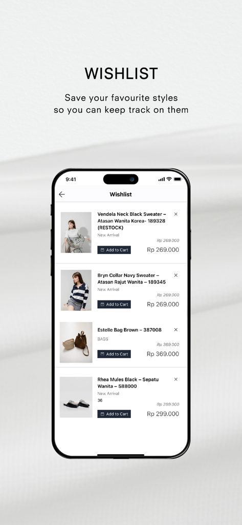 This Is April app wishlist screen featuring saved fashion styles and add to cart buttons