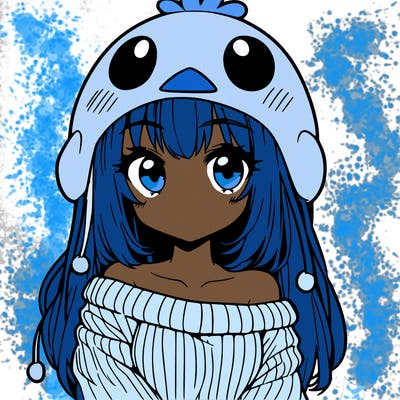 anime girl with chick shaped hat with sweater with bare shoulders with bangs covering them one eye with low tail