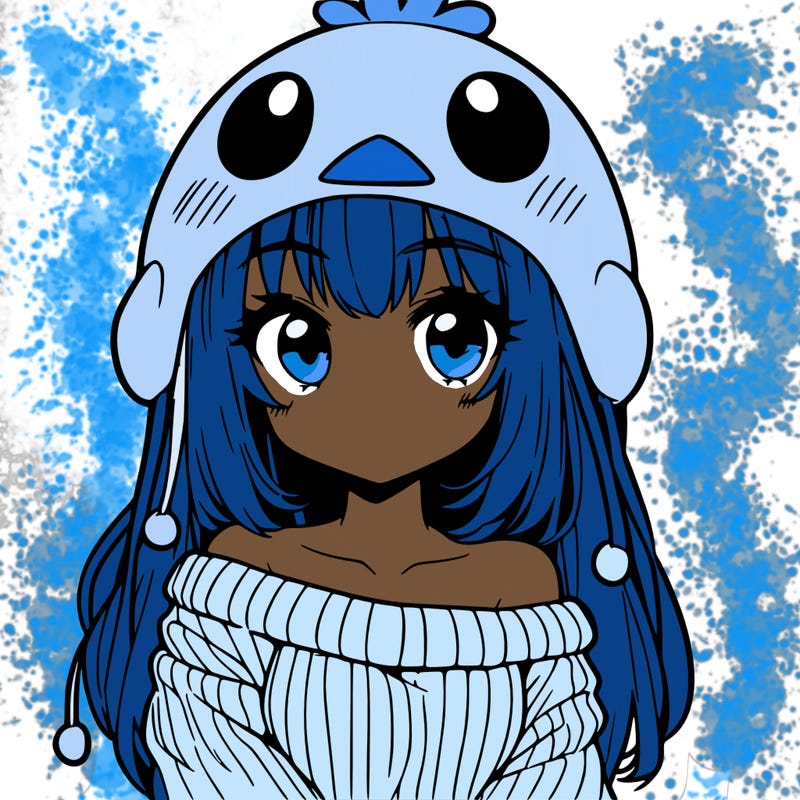 anime girl with chick shaped hat with sweater with bare shoulders with bangs covering them one eye with low tail
