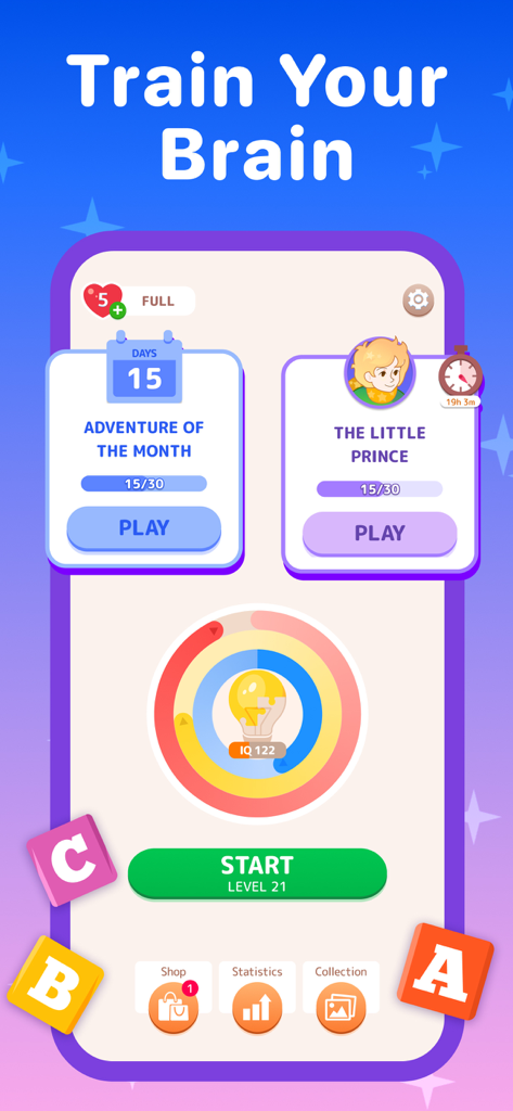 Cryptogram: Word Puzzles Games - Main dashboard of the Cryptogram app showing brain training progress and special adventure challenges