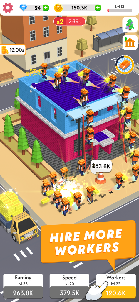 Trabalhadores construindo uma casa no jogo móvel Idle Construction 3D com um aviso de interface do usuário para contratar mais trabalhadores.