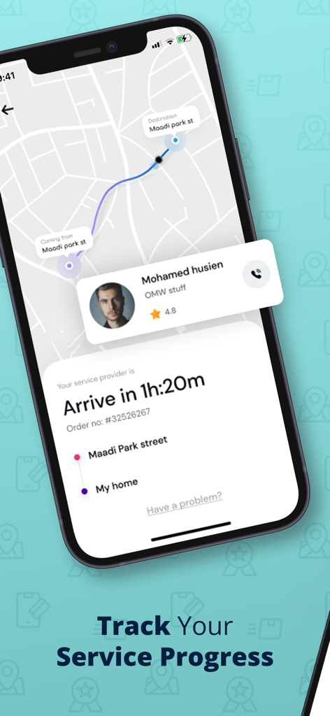 On My Way: Car Wash - Mobile app screen showing a map with real-time tracking of a car wash service provider and estimated arrival time