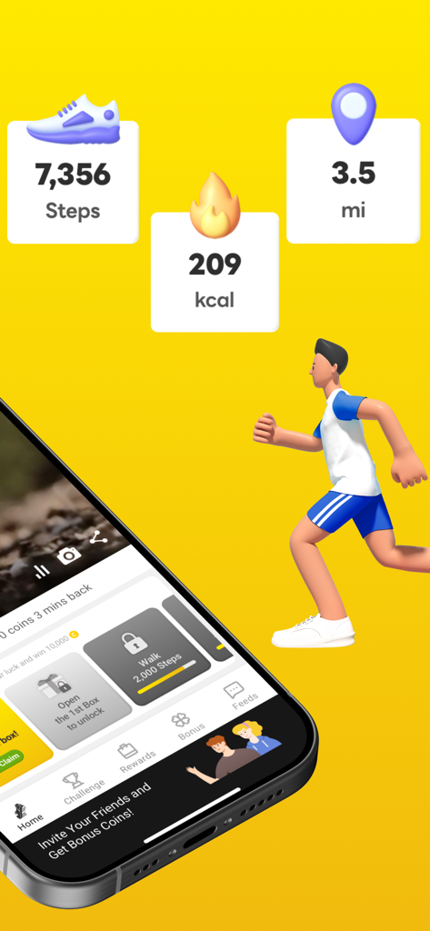 CashWalk - Daily Step Counter - CashWalkアプリに、歩数、消費カロリー、歩行距離、報酬インセンティブが表示されています