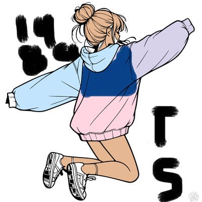 realistic girl jumping with a bun and oversized sweatshirt
