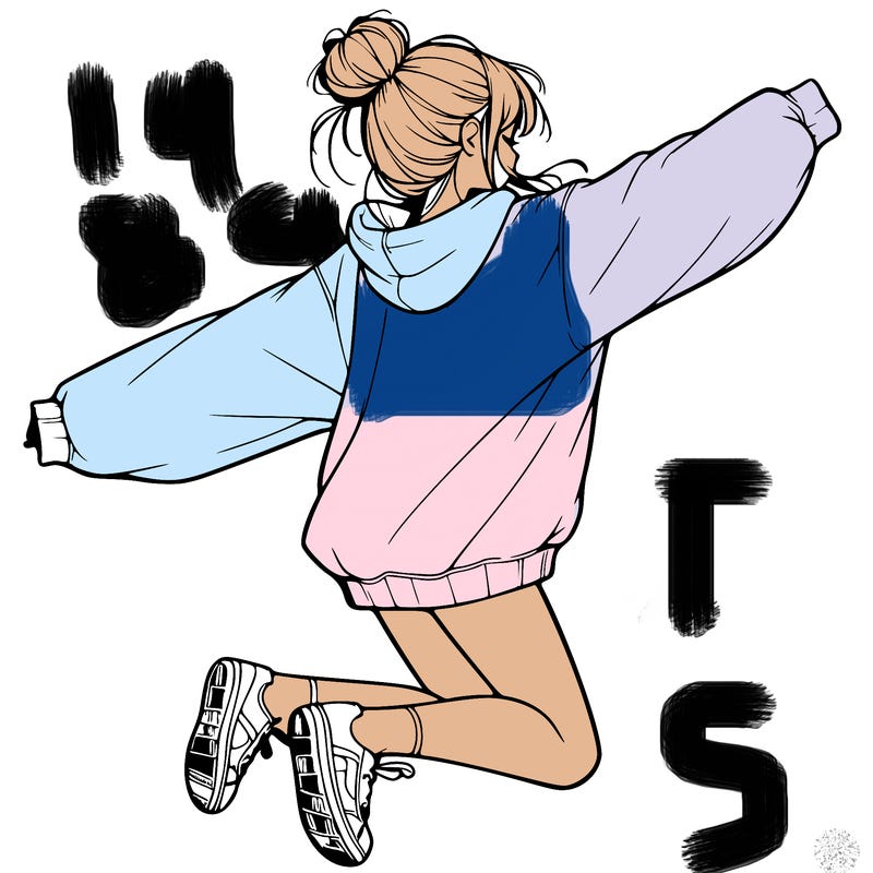 realistic girl jumping with a bun and oversized sweatshirt